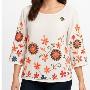 Ana & Rose Womens L Boho Top White Multicolor Embroidered Floral 3/4 Sleeve‎ NWT